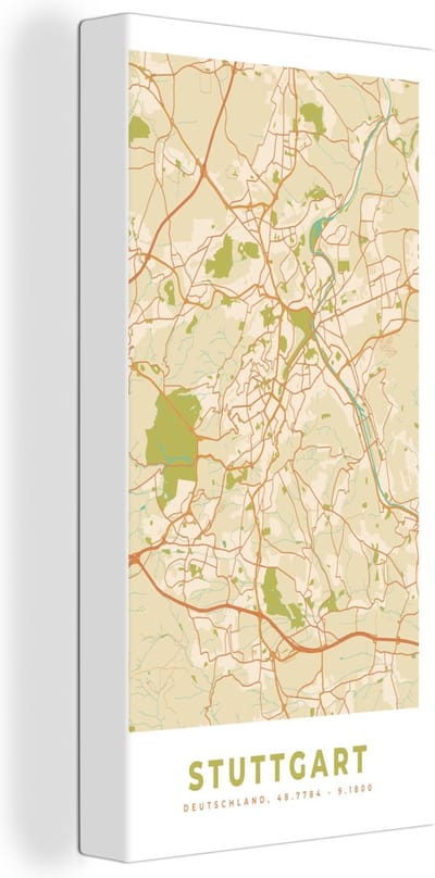 Canvas Schilderij Plattegrond - Stuttgart - Vintage - Kaart - Stadskaart - 20x40 cm - Wanddecoratie