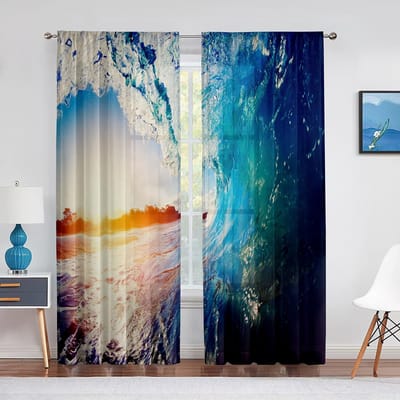 Ocean Beach Sheer Voile Gordijn Golven op Zeezand Landschap Chiffon Tule Raamgordijn voor Slaapkamer Woonkamer Keuken Decor 1 PCS W100XH250cm&Grommet Top