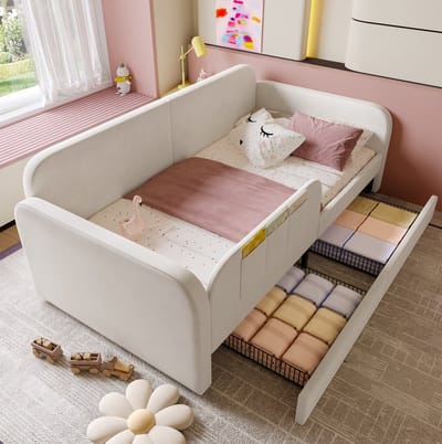 MEUNIQ Kinderbed 90x200 cm met 2 lades op wielen, 3 opbergvakken en metalen lattenbodem, gestoffeerd dagbed met verhoogde zijkanten voor de kinderkamer, wit