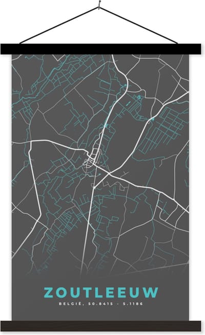 Posterhanger incl. Poster 40x60 cm - Schoolplaat - België – Zoutleeuw – Stadskaart – Kaart – Blauw – Plattegrond - Textielposter - Zwarte latten - Stadskaart