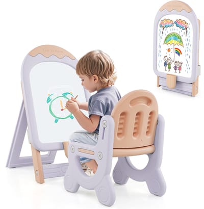 COSTWAY Kinderezel met stoel, in hoogte verstelbaar en inklapbaar met whiteboard en opbergdoos, bord voor kinderen met marker en magneet, cadeau speelbord voor meisjes en jongens (blauw)