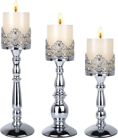 Set van 3 Zilveren Vintage Kaarsenhouders voor Pijlerkaarsen - Hoge Decoratieve Tafel Centerpieces