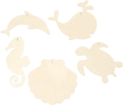 Zeedieren om op te hangen, Zeepaard, schildpad, dolfijn, schelp en walvis, H: 5-10 cm, B: 5-10 cm, gatgrootte 3 mm, dikte 2 mm, 5 stuk
