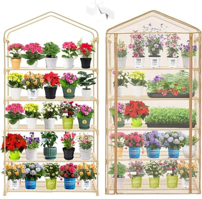 Tuin 50% extra brede mini-kas 5-laags draagbaar plantgroen huis 40" breed -Stevige tuinplanken met PE-hoes en oprolbare ritsdeur-19 ″ W. x 40 ″ L. x63 ″ H (PLGH1005OWP)