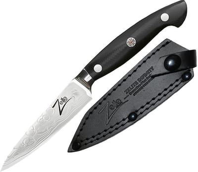 Zelite Damastmes set, Scherp schilmes, 10,5 cm keukenmes, Japans mes voor thuis en horeca, Profi-mes scherp, Damast koksmes, Damastmes met leren etui en mozaïekklinknagels