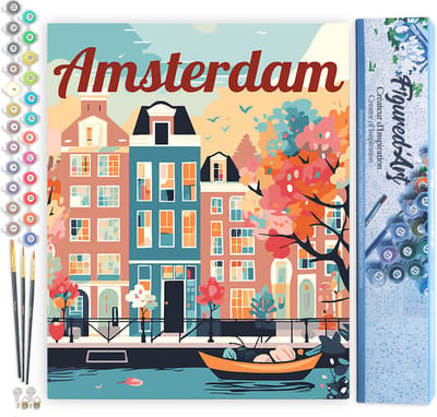 Figured'Art Schilderen op Nummer Volwassenen canvas Reisposter Amsterdam in Bloei - Handwerk acrylverf Kit DIY Compleet - 40x50cm zonder frame