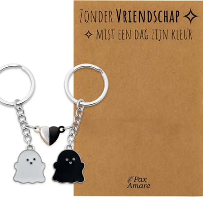 BFF Sleutelhanger voor 2 'Zonder Vriendschap mist een dag zijn kleur' - Spookjes + Magnetisch Hartje - Sleutelhanger set op Cadeau Kaartje - Zilverkleurig - Vriendschap Symbool - Pax Amare