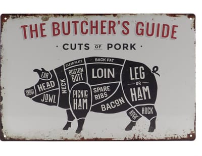 Wandbord – The Butchers Guide - Slager - Retro - Wanddecoratie – Reclame bord – Restaurant – Kroeg - Bar – Cafe - Horeca – Metal Sign – 20x30cm