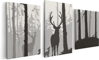 Artaza Canvas Schilderij Drieluik Herten In Het Bos - Silhouet  - 120x60 - Foto Op Canvas - Canvas Print