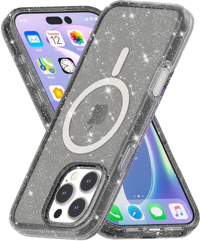 IYUPP Hoesje Geschikt voor iPhone 16 Pro Hoesje Glitter - Geschikt voor MagSafe - Shockproof Back Cover - Glitters Zwart Transparant