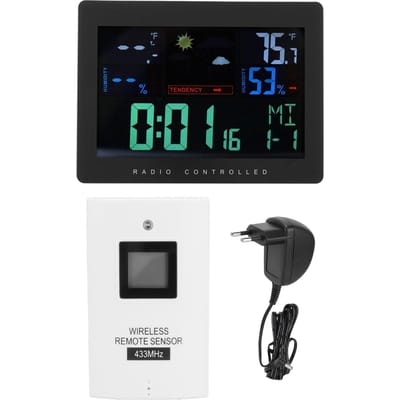 Thermomètre et hygromètre sans fil avec écran couleur et horloge météo numérique black