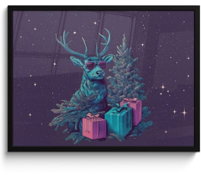 Poster in lijst - Fotolijst 80x60 cm - Posters - Rendier - Zonnebril - Neon - Kerstboom - Posterlijst zwart - Decoratie - Wanddecoratie woonkamer - Muurdecoratie slaapkamer - Kerstversiering - Kerstdecoratie voor binnen - Kerstmis