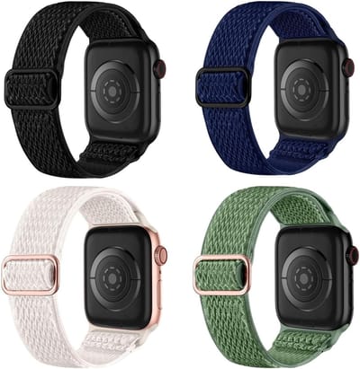 Lusarmbanden set van 4 voor Apple Watch, gevlochten nylon band, geschikt voor 40 mm en 41 mm, zwart, olijfgroen, donkerblauw en kaki, stijlvol en comfortabel