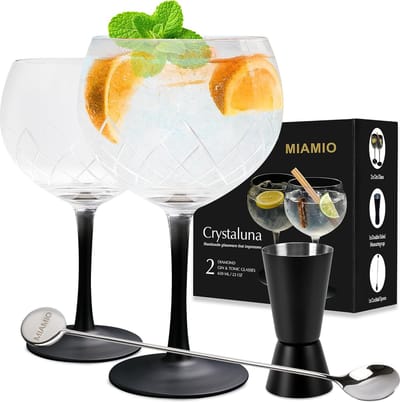 2 x 650 ml Gin Glasses/Set of 2 Gin Glasses - High Quality Gin and Tonic Glasses Ideal for Gin and Cocktails - Gift Set including Measuring Cup Glass and Mixing Spoon Crystaluna Collection