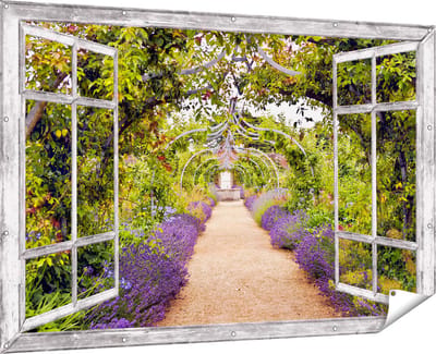 Gards Tuinposter Doorkijk Lavendel Pad - 180x120 cm - Tuindoek - Tuindecoratie - Wanddecoratie buiten - Tuinschilderij