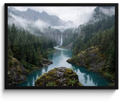 Poster in lijst - Fotolijst 80x60 cm - Posters - Waterval - Bomen - Bergen - Posterlijst zwart - Decoratie - Wanddecoratie woonkamer - Muurdecoratie slaapkamer