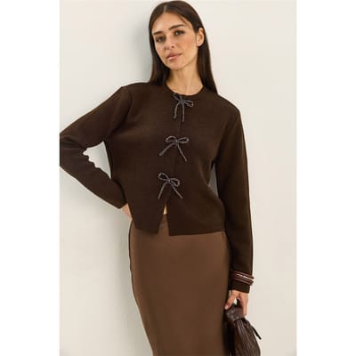 Ronde Hals Gebreide Cardigan met Strikdetail