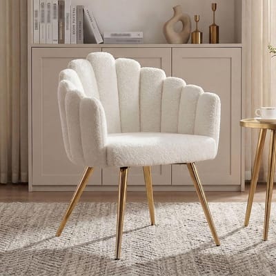 Luna Luxe Imitatiebont Fauteuil 52x46x79 cm – Zachte Witte Lounge Stoel met Armleuningen en Gouden Metalen Poten voor Woonkamer, Slaapkamer of Kaptafel