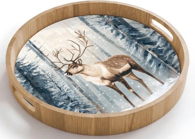 Dienblad rond 40x40 cm - Schootdienblad hout - Rendier - Sneeuw - Woud - Wit - Borrelplank rechthoek - Plateau houten dienbladen