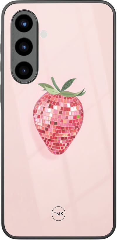 Hoesje geschikt voor Samsung Galaxy A56 - Disco aardbei - Roze - TPU luxe case (glossy toplaag) - Print - Hardcase backcover zwart