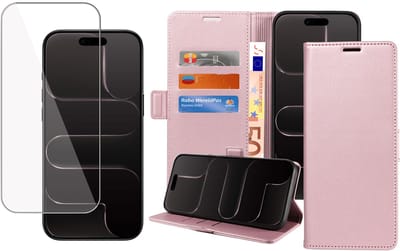 Book Case & Screenprotector geschikt voor iPhone 17 Air / iPhone Air Hoesje Screenprotector - Gehard Glas Cover + Magnetische Sluiting - Portemonnee Rose