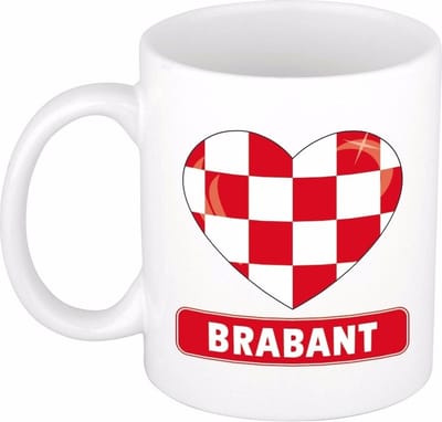 Hartje I love Brabant koffiemok - drinkbeker - wit - 300 ml - Brabantse vlag print - koffiebeker - cadeau