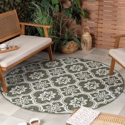 Fraai Rond buitenkleed - Rio Flower Groen - Ø 120cm