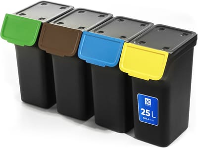 KADAX Afvalemmer met deksel, plastic afvalemmer voor afvalscheiding, rechthoekige afvalemmer met klapdeksel (zwart, 4 x 25 l)