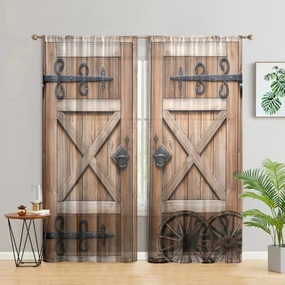 Lot de 2 rideaux de porte de grange rurale en bois - semi-transparents - adaptés au salon, à la chambre, à la cuisine, à la décoration de la maison W150CM H166CM&Rod pocket beige