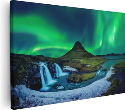 Artaza Canvas Schilderij Waterval - 30x20 cm - Klein - Wanddecoratie IJsland - Muurdecoratie Noorderlicht - Kamer Accessoires Bergen