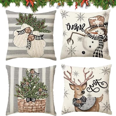 Linnen decoratief kussen - Kerstmotief - 50 x 50 cm - 4 stuks