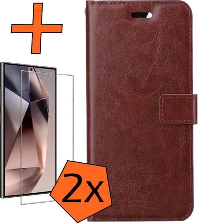 Hoes - Met 2x Screenprotector - Geschikt voor Samsung Galaxy S24 Ultra - Luxe Pasjeshouder - Bookcase Portemonee - Flip Case - Kunstleer Book Case - Flipcase Hoes - Book Cover - Walletcase - PortemonneeHoes - Bruin