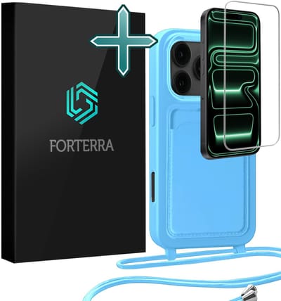 Hoesje Geschikt voor iPhone 17 Pro Pashouder Case Siliconen Hoes Met Koord Met Screenprotector - Hoes Geschikt voor iPhone 17 Pro Met Telefoonkoord Hoesje Back Cover Met Pasjeshouder - Lichtblauw