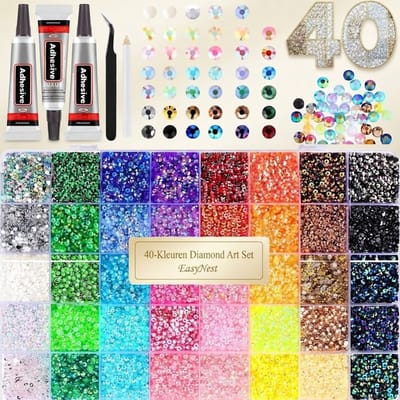 32000 Bedazzle Steentjes – 40 Kleuren Bedazzle kit – 3 mm – Inclusief 3x Lijm, Pincet & Waxpen – Strass Steentjes voor Nail Art en DIY