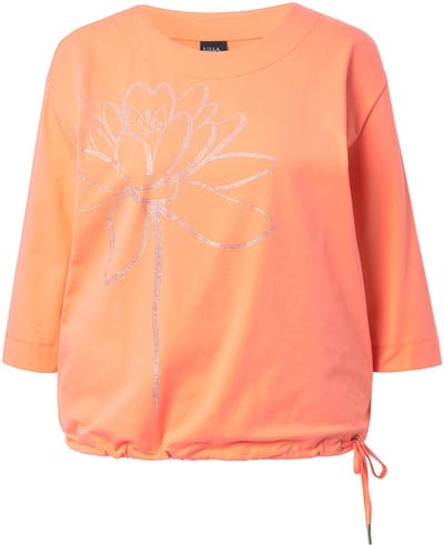 Ulla Popken - Dames - Shirt siersteentjes ronde hals 3/4-mouwen zoomband - Koraal - Maat 42+
