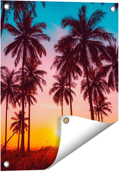 Gards Tuinposter Palmbomen op het Strand bij Zonsondergang - 40x50 cm - Tuindoek - Tuindecoratie - Wanddecoratie buiten - Tuinschilderij