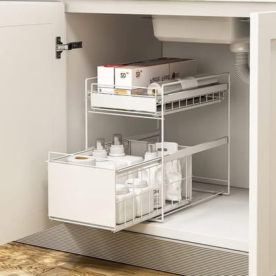 Famanu - Opberglade voor onder de gootsteen met 2 niveaus, uittrekbare lade-organizer, metalen schuifbare opbergmand voor keuken, aanrecht, bijkeuken, badkamer, kantoor, desktop (wit)