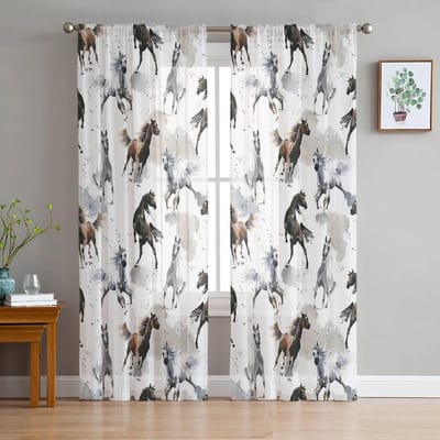 Zwart Wit Paard Aquarel Schilderij Tule Transparante Gordijnen voor Woonkamer Keuken Kinderen Slaapkamer Voile Hangend Gordijn W135 x H160cm
