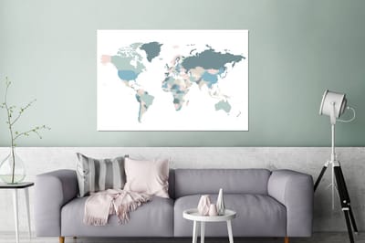 Aluminium schilderij 180x120 cm - Wanddecoratie metaal - Wereldkaart - Pastel - Wit - Metalen muurdecoratie woonkamer - Decoratie industrieel - Foto op dibond - Industriële accessoires slaapkamer