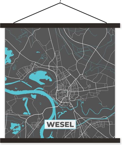 Posterhanger incl. Poster 60x60 cm - Schoolplaat - Duitsland – Blauw – Wesel – Stadskaart – Kaart – Plattegrond - Textielposter - Zwarte latten - Stadskaart