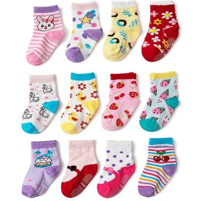 Jongens Meisjes 12 Paren Katoenen Antislip Sokken Pasgeboren Baby 1-3 jaar Antislip Zolen Vloer Unisex Sok voor Baby's Peuters Grip Kinderen S(6 to12M) beige