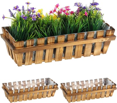 Famanu – Plantenbak hout set van 3 met latten rechthoekig 12 x 45 x 19,5 cm voor balkon naturel