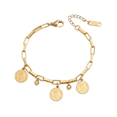 Goudkleurige schakel armband voor dames met munt en bol bedels – dames armband met grove rechthoekige schakels