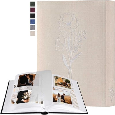 Fotoalbum Scrapbooking Klein Linnen DIY met 60 Witte Pagina's en Cellofaan Scheiders voor Foto's 9 x 13 cm, 10 x 15 cm, 13 x 18 cm (Beige, 19 x 27 cm) - Perfect voor Herinneringen en Creatieve Projecten