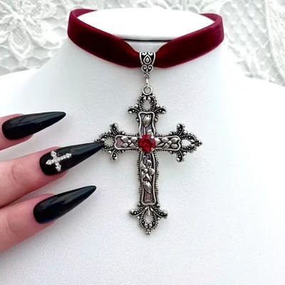 Vintage Gotisch Groot Kruis Hanger Zwart Fluweel Choker Kettingen voor Vrouwen Sierlijk Grunge Sieraden Goth Ketting Cadeau gray