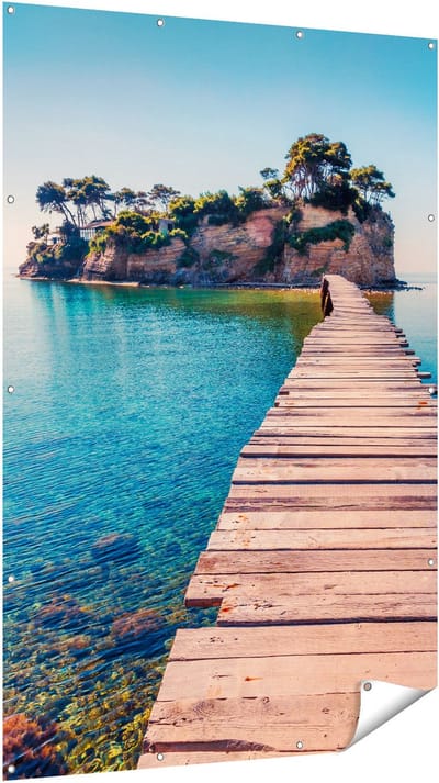 Gards Tuinposter Pad op het Water naar een Grieks Eiland - 120x180 cm - Tuindoek - Tuindecoratie - Wanddecoratie buiten - Tuinschilderij