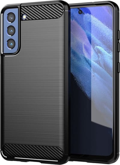 MobyDefend Hoesje - Geschikt voor Samsung Galaxy S21 FE - TPU Backcover - Geborstelde Metaal & Carbon-Look - Zwart
