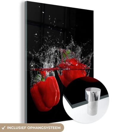 MuchoWow® Glasschilderij 120x160 cm - Schilderij acrylglas - Paprika - Groente - Stilleven - Water - Rood - Foto op glas - Schilderijen