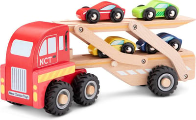 Woet® Houten Autotransporter - Vrachtwagen met Aanhanger en 4 Auto’s - Educatief Speelvoertuig - Rollenspel Speelgoed - Vanaf 18 Maanden
