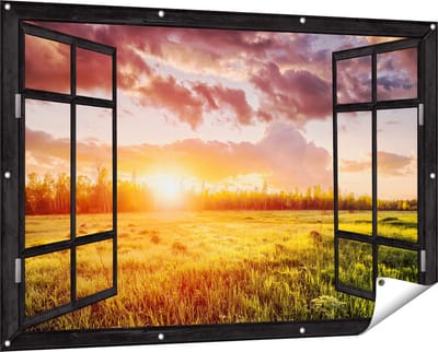Gards Tuinposter Doorkijk Zonsopkomst in het Veld - 150x100 cm - Tuindoek - Tuindecoratie - Wanddecoratie buiten - Tuinschilderij